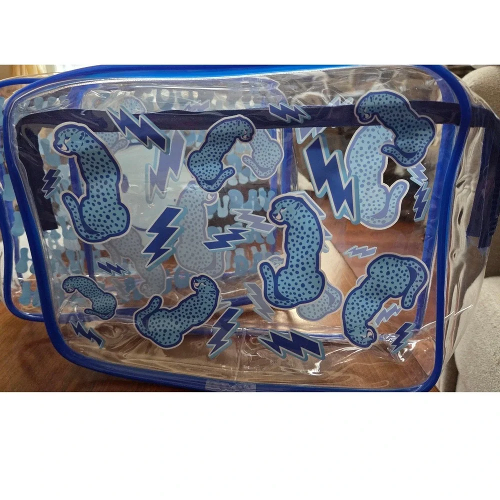Kids Clear PVC Travel Pouch Set 4pc Smiley Face Cheetah Blue Pink Organizer Bags